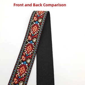 Front and back detail of ethnic embroidery bag strap with geometric floral patterns