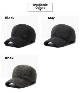 Detail view of herringbone wool baseball caps in black, grey, and khaki colors