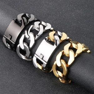 Detailed display of chunky stainless steel Cuban link bracelets in four metallic colors