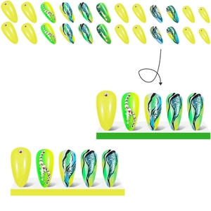 Neon green and yellow almond press-on nails with marble texture and rhinestones 24pcs set