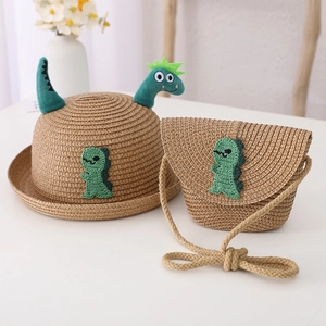 Kinder Dinosaurier Cartoon Papierstroh Sonnenhut Passende Strohtasche Süße Sommer Strand Outdoor Schutz Kappe Für Jungen Mädchen