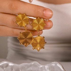 Vintage Dangle Earrings 18K Gold Plated Stainless Steel Double Round Spiral Disk Bohemian Geometric Statement For Women