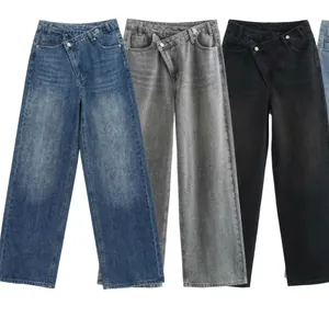 Vaqueros De Mujer De Talle Alto Y Pernera Ancha Denim Algodón Cintura Cruzada Asimétrica Pantalón Recto Casual Chic
