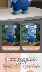 Detail of the dense safety cover and LED night light on the blue bear mini desk fan