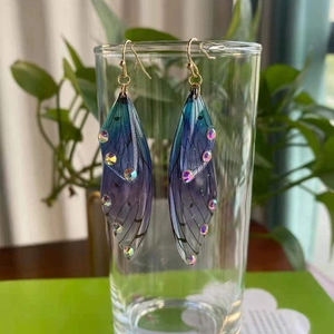 S925 silver gradient butterfly wing earrings with purple blue stones on glass cup
