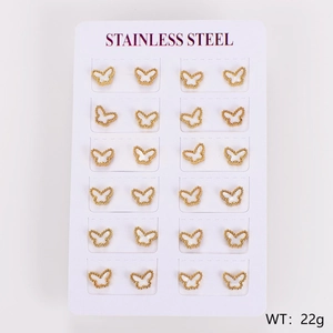 Set of 12 pairs of stainless steel butterfly stud earrings with shell inlay in gold
