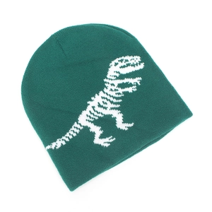 Kids warm dark green knit beanie featuring a white dinosaur skeleton jacquard design