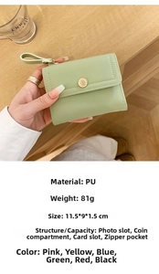 Detail view of small tri-fold PU leather wallet with floral snap and internal card slots