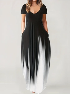 Close-up of V-neck and black-and-white gradient pattern on casual maxi dress with pockets