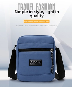 Detail view of durable navy nylon messenger bag with front zipper and adjustable strap