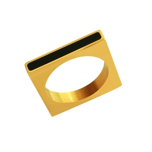 Minimalist square 18k gold plated stainless steel ring with black enamel and brushed finish