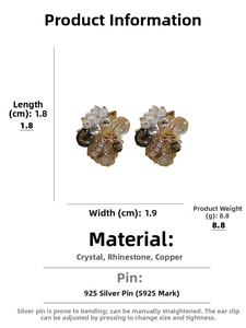 Detailed view of floral rhinestone earrings with S925 silver needles and dimensions