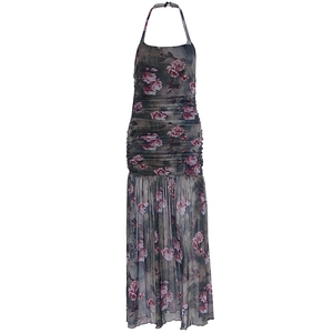 Detail of ruched floral halter dress featuring mesh layers and pink floral print