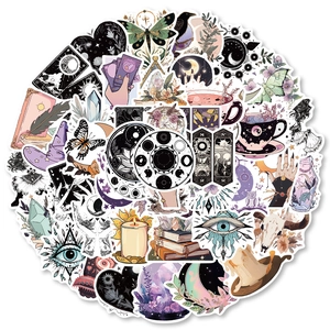 Detailed view of bohemian witchcraft stickers featuring tarot, moon, and astrological patterns