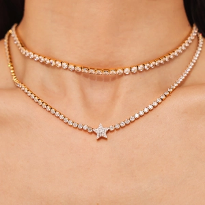 Double-layered 18k gold plated star pendant necklace with cubic zirconia on tennis chain