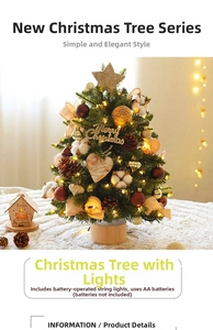 Mini Christmas tree with gold star, pine cones, cotton balls and warm LED lights