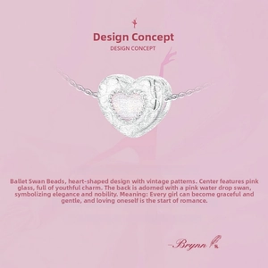 Detailed view of S925 silver heart charm with pink glass and ballet swan engraving
