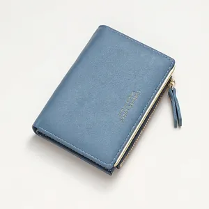 Morandi blue women's bifold leather wallet featuring gold foil text and zipper coin pocket