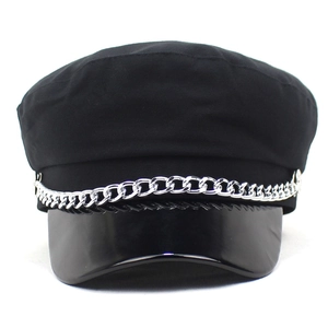 Women's black newsboy cap with patent leather visor and silver chain decoration