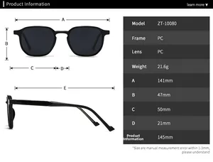 Size chart and technical specifications for model ZT-10080 PC polarized sunglasses