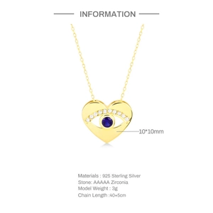925 Sterling silver heart evil eye necklace with blue zirconia and gold finish