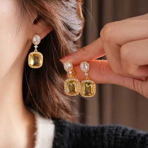 Vintage Court Style Drop Earrings Gold Plated Copper With Yellow Square Zircon And Silver Earring Post