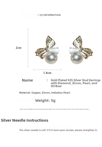 Detail shot of bow earrings with pearls and zircon showing 2cm x 1.4cm dimensions