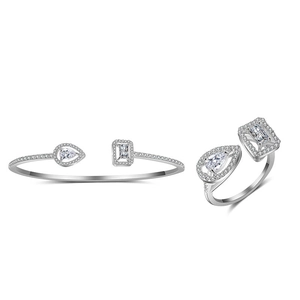Silver jewelry set with water drop and rectangle zircon stones including open bangle and ring