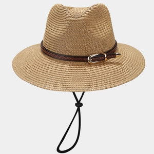 Straw sun hat with woven leather buckle belt and adjustable chin strap for beach