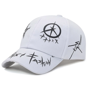 White street style graffiti baseball cap with black fashion lettering and star patterns