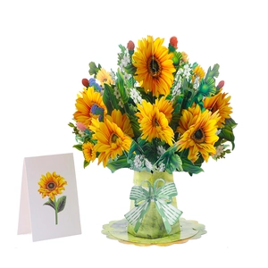 Detailed 3D pop-up card featuring a vibrant sunflower bouquet in a green vase