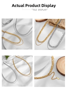 Detail of layered gold Figaro and bead chain necklace with K18 tag and lobster clasp