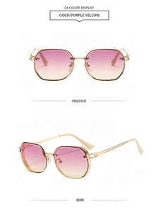 Detailed front and side views of gold frame sunglasses with purple yellow gradient lenses