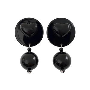 Minimalist acrylic round pendant drop earrings with black heart detail and spheres