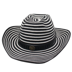 British style black and white striped jazz straw hat with bull head metal buckle decoration