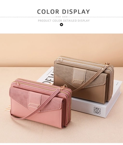 Pink and khaki PU leather crossbody phone bags with dual zippers and fabric stitching