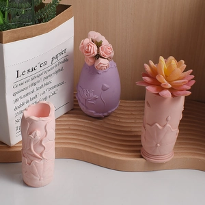 Relief lotus pattern storage jars in purple and pink tones on a wooden display stand