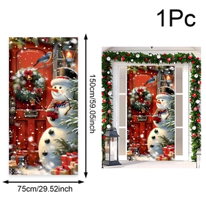 Detailed size chart and lifestyle view of a festive 150x75cm Christmas snowman door banner
