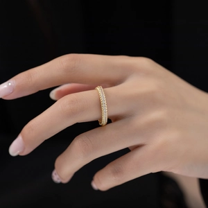 Minimalist gold plated eternity ring with sparkling micro pavé crystals and beaded edge