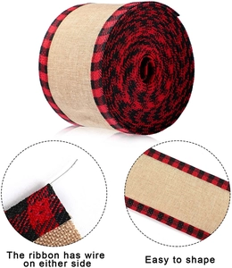 Detail of red and black plaid linen ribbon showing wire edges for easy shaping