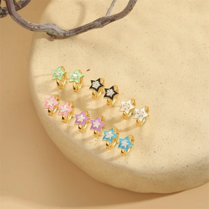 Retro colorful star hoop earrings with enamel finish and sparkling zircon accents