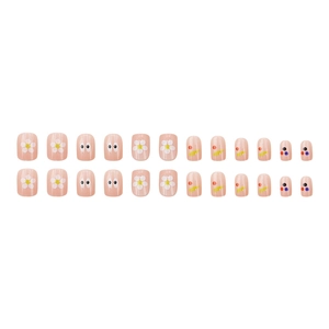 Lot de 24 faux ongles colorés avec motifs de fleurs et d'yeux mignons pour femmes