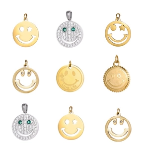 Smile Face Pendant Stainless Steel Hollow Round Charm With Star Eyes Zircon Inlay DIY Jewelry Accessories