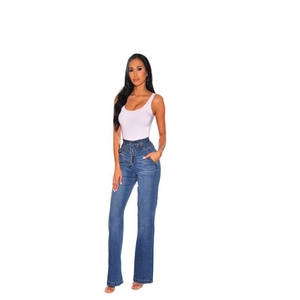 Women high waisted wide leg blue denim jeans with matching belt shown in full length view