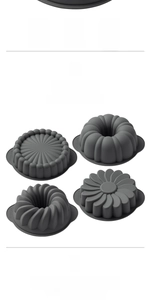 Detail of four grey silicone cake molds with floral patterns and heat resistance icons