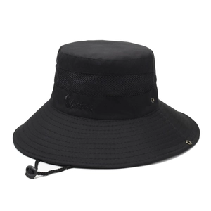 Men's black outdoor sun hat with breathable mesh and adjustable chin strap