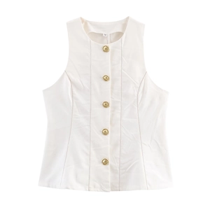 Haut Gilet À Basque Sans Manches Pour Femmes Coupe Ajustée Coutures Contrastées Bouton Doré Streetwear