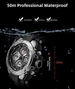 SANDA multifunctional sports watch showing 50M waterproof depth in a water splash scene