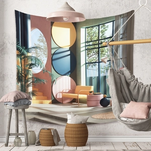 Detail of Bohemian tapestry featuring surrealist geometric patterns in a modern home interior