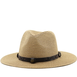 Classic khaki straw fedora hat with brown leather band and vintage metal buckle detail